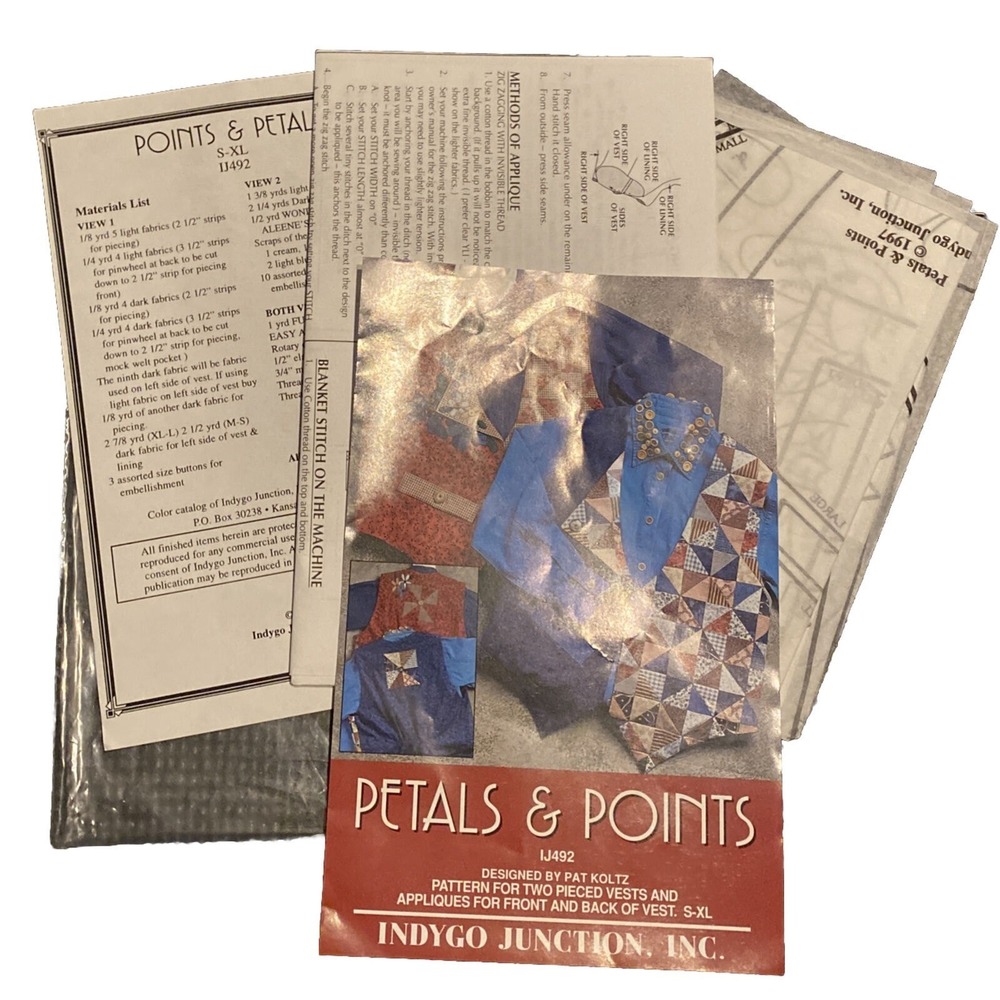 Petals & Points New Appliqué and Sewing Pattern Indigo Junction 492 Vest NEW